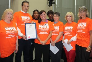 Sandy presents a proclamation to the County's Anti Bullying Advisory Committee setting October as National Bullying Prevention Month in Hillsborough County