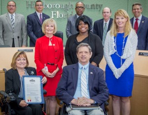 Sandy proclaims “Disability Awareness Day”. From left are: Sandra Sroka, County ADA Liaison, Ben Ritter, Co-Chair, Mayor’s Alliance for Persons with Disabilities; Glorie Singleton, Agency for Persons with Disabilities, and Carrie Shelton, Division of Vocational Rehabilitation.