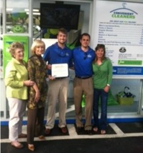 Sandy recognizes Convenient Cleaners at a recent ribbon-cutting ceremony. Owners Chris Whitney and Ryan Reynolds grew up in Tampa and are pictured here with Sandy and their moms