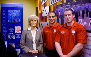 Sandy take a moment to speak with members of Hillsborough County Fire Rescue, one of more than 40 employers which participated in Commissioner Murman's South County Job Fair at HCC South Shore Campus. The event was in partnership with the Tampa Bay Workforce Alliance, HCC and Hillsborough County.