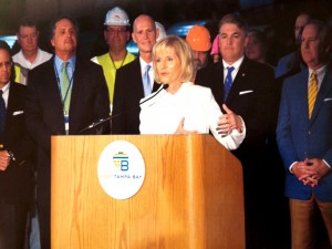 Commissioner Sandy Murman speaks about the economic importance of Port Tampa Bay to Hillsborough County, along with Governor Rick Scott and Port Director Paul Anderson.