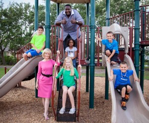 Sandy and actor Quinton Aaron visit with local children at the Westchase Recreation Center. Aaron, star in the Oscar-award winning film “The Blind Side,” is an advocate of anti-bullying, and is helping Hillsborough County's anti-bullying efforts.