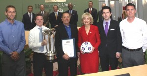 Sandy honors the Tampa Bay Rowdies for its second NASL Soccer Bowl Championship; On hand were owners David Laxer, Andrew Nestor and players Keith Savage, Mike Ambersley, Stuart Campbell and the 2012 Soccer Bowl Trophy