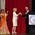 Sandy spoke to a crowd of 1,000 at the India Independence Day event with Satish K. Sharma, president of the FIA.