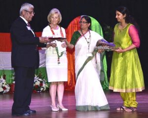 Sandy was the Chief Guest of Honor and speaker at the India Independence Day event with Satish K. Sharma, president of the FIA of Tampa Bay and Dr. Madhavi Sekharam, Chairperson.