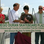 Sandy helps dedicate the Diego Duran Skateboard Plaza at Apollo Beach with Diego's family and other county staff