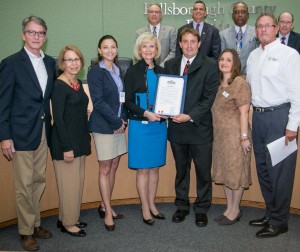 Sandy proclaims Infant Mental Health Day in Hillsborough County. On hand are Maria Negron and Irene Hill from the Children’s Board; Steve Martaus, Greg VanPelt, and Alyse York of the Early Childhood Council; Brian McEwen of Champions for Children and Kasey Coryn of True Blue Communications.