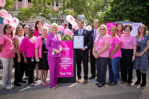 Commissioner Sandy Murman stands with breast cancer survivors during a special ceremony she hosted for Breast Cancer Awareness Day at Hillsborough County Center.