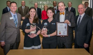 Commissioner Sandy Murman helped recognize the Florida Aquarium on its 20th Anniversary at a BOCC meeting. On hand to accept the commendation for the Aquarium were Thom Stork, Mark Watson, Mark Haney, Meagan, Catherine and two penguins Rocky and Reef.