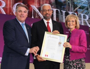 Commissioner Sandy Murman and Paul Anderson present Panama Canal Deputy Administrator Manuel Benítez with a proclamation from the county, proclaiming Panama Canal Appreciation Day.