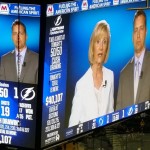 Sandy shares the Anti-bullying message on the Jumbotron at a Lightning game along with Hillsborough Schools Superintendent Jeff Eakins.