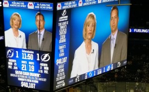 Sandy shares the Anti-bullying message on the Jumbotron at a Lightning game along with Hillsborough Schools Superintendent Jeff Eakins.