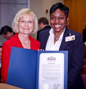 Commissioner Sandy Murman presents a Proclamation to Dacia Oblesby of Crisis Center of Tampa Bay, one of 27 Hillsborough Health Care Plan providers honored for returning more than $200 million to the community in the past 3 years.