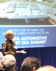 Sandy Murman, also a Tampa Port Authority Commissioner, welcomes leaders from Amports, CSX, and Ports America to the Tampa Automotive Short Sea Summit.