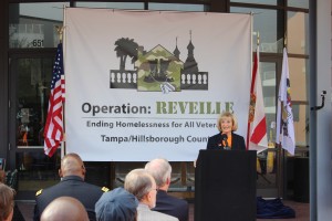 Commissioner Sandy Murman welcomes attendees to Hillsborough County's Operation Reveille with the goal of ending veteran homelessness